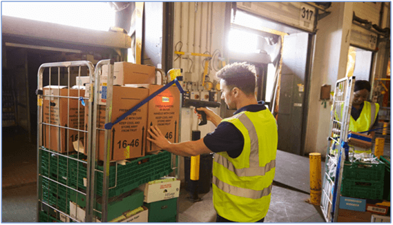 Warehouse Personnel checking goods with RFID scanner