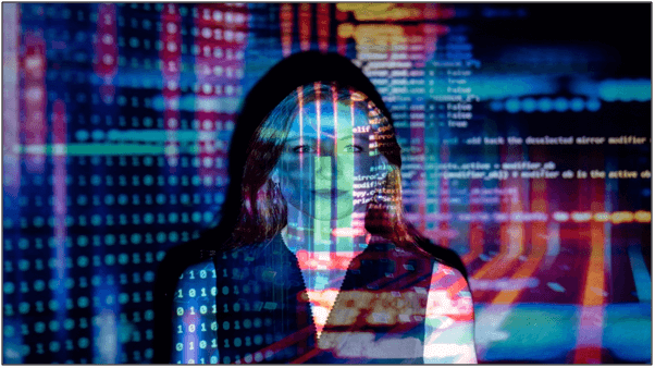 Code projected over woman