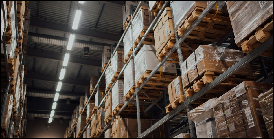 Brown cardboard boxes on white metal rack